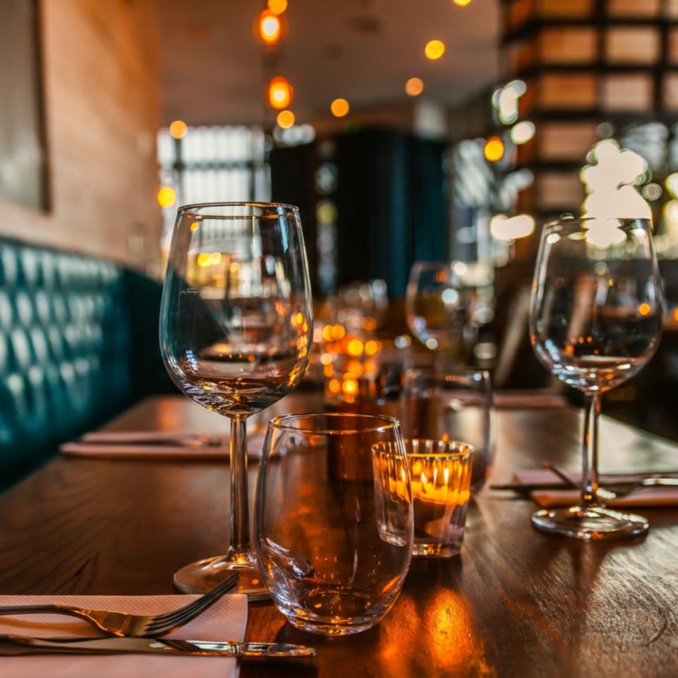 Candlelit restaurant table set with wine glasses, amber tumblers, cutlery, and teal upholstered seating.