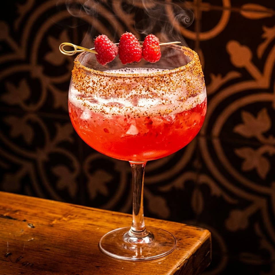 Red cocktail in a stemmed glass, garnished with three raspberries, smoky vapor, and a spiced rim on a wooden bar.