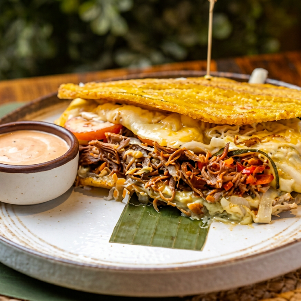 Crispy flatbread sandwich filled with melted cheese, shredded meat, vegetables, and crunchy toppings, served with creamy dipping sauce.