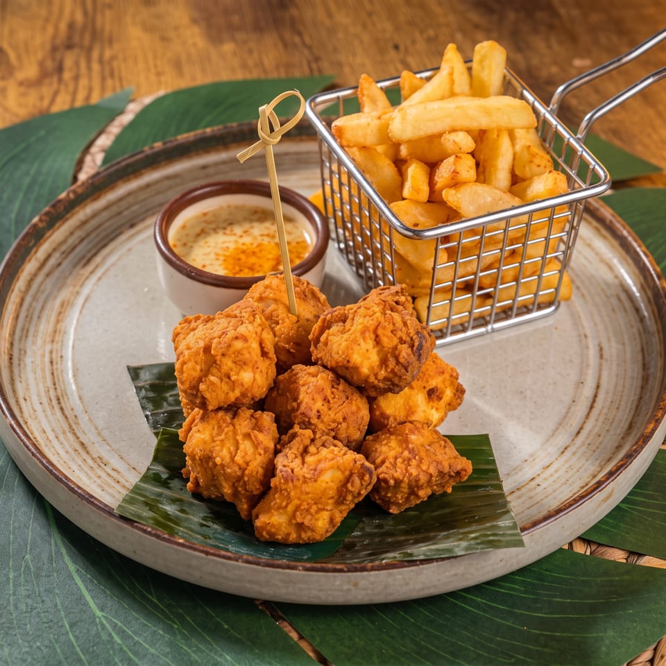 Crispy fried chicken pieces with dipping sauce and golden fries served on a rustic plate lined with banana leaves.