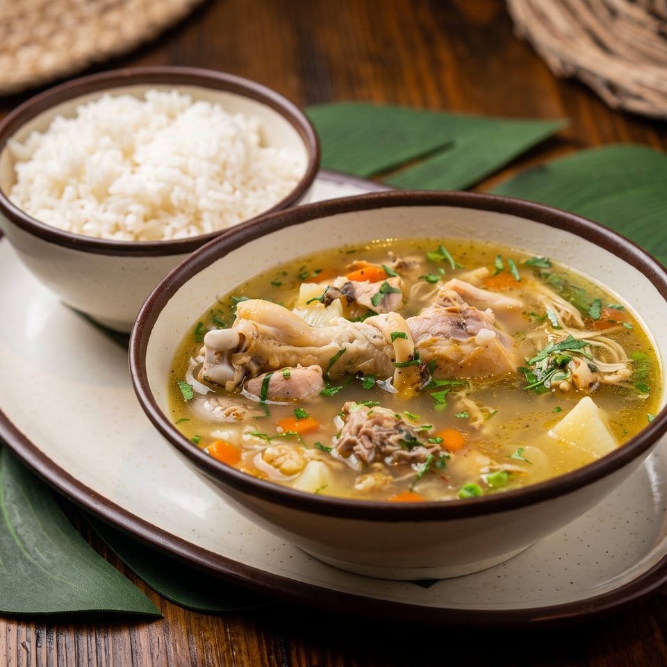 Bowl of chicken soup with vegetables and noodles beside a bowl of white rice on a wooden table.