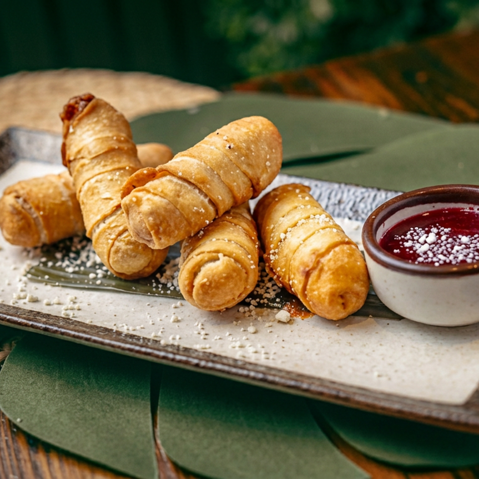 Golden rolled pastries dusted with sugar on a rectangular plate, served with a bowl of red dipping sauce.