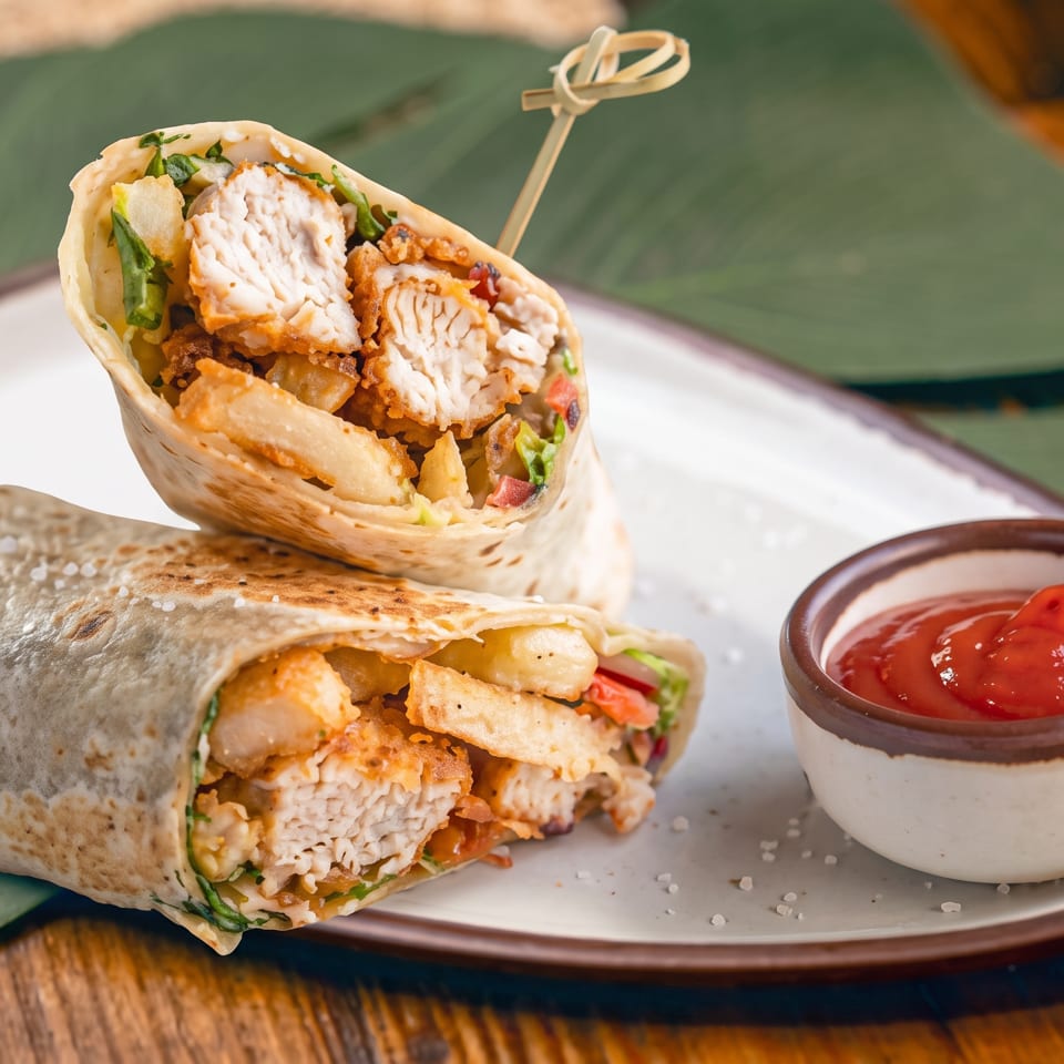 Two toasted wraps filled with crispy chicken, vegetables, and fries sit beside a bowl of ketchup on a plate.