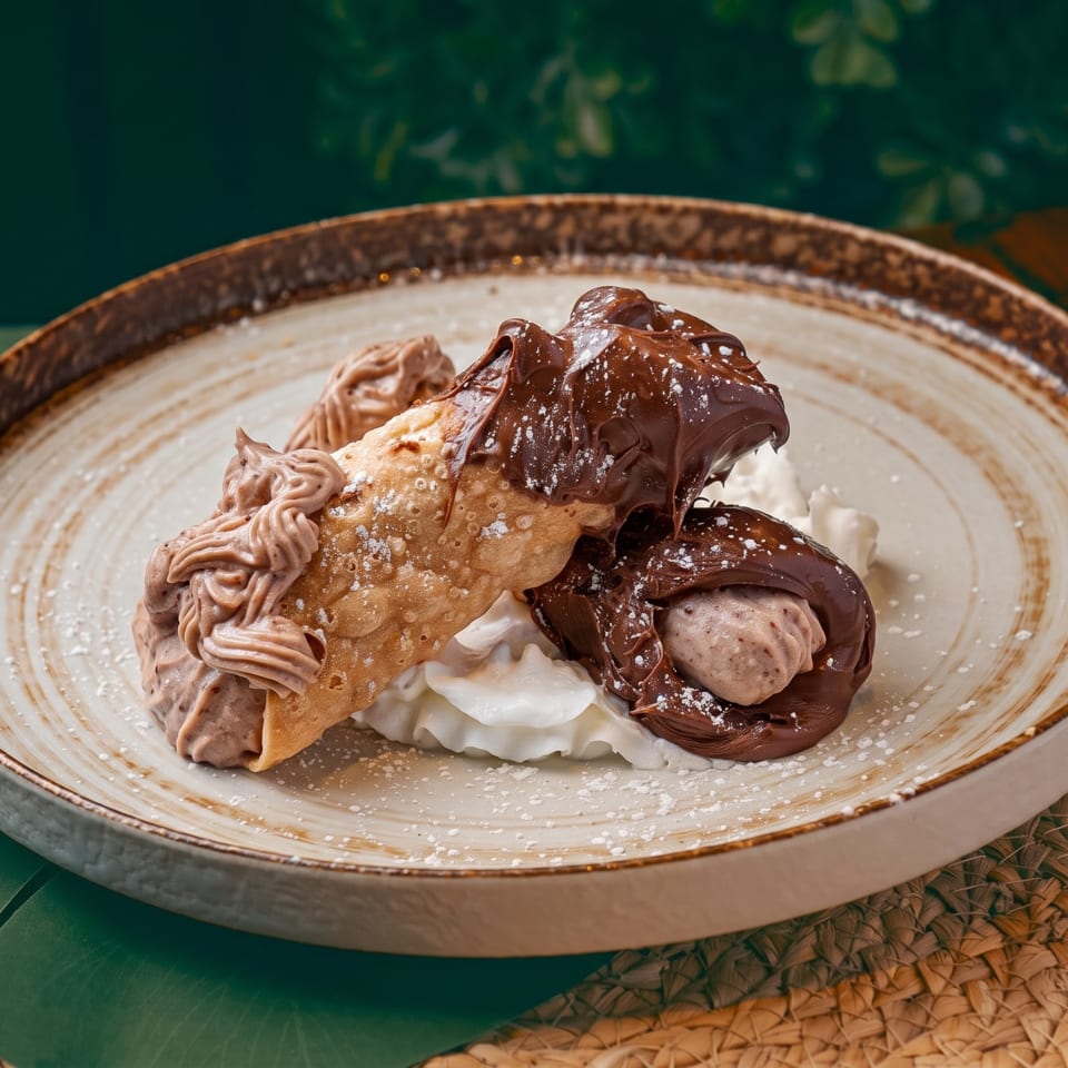 Dessert crepe filled with ice cream, whipped cream, chocolate sauce, and powdered sugar on a rustic plate.