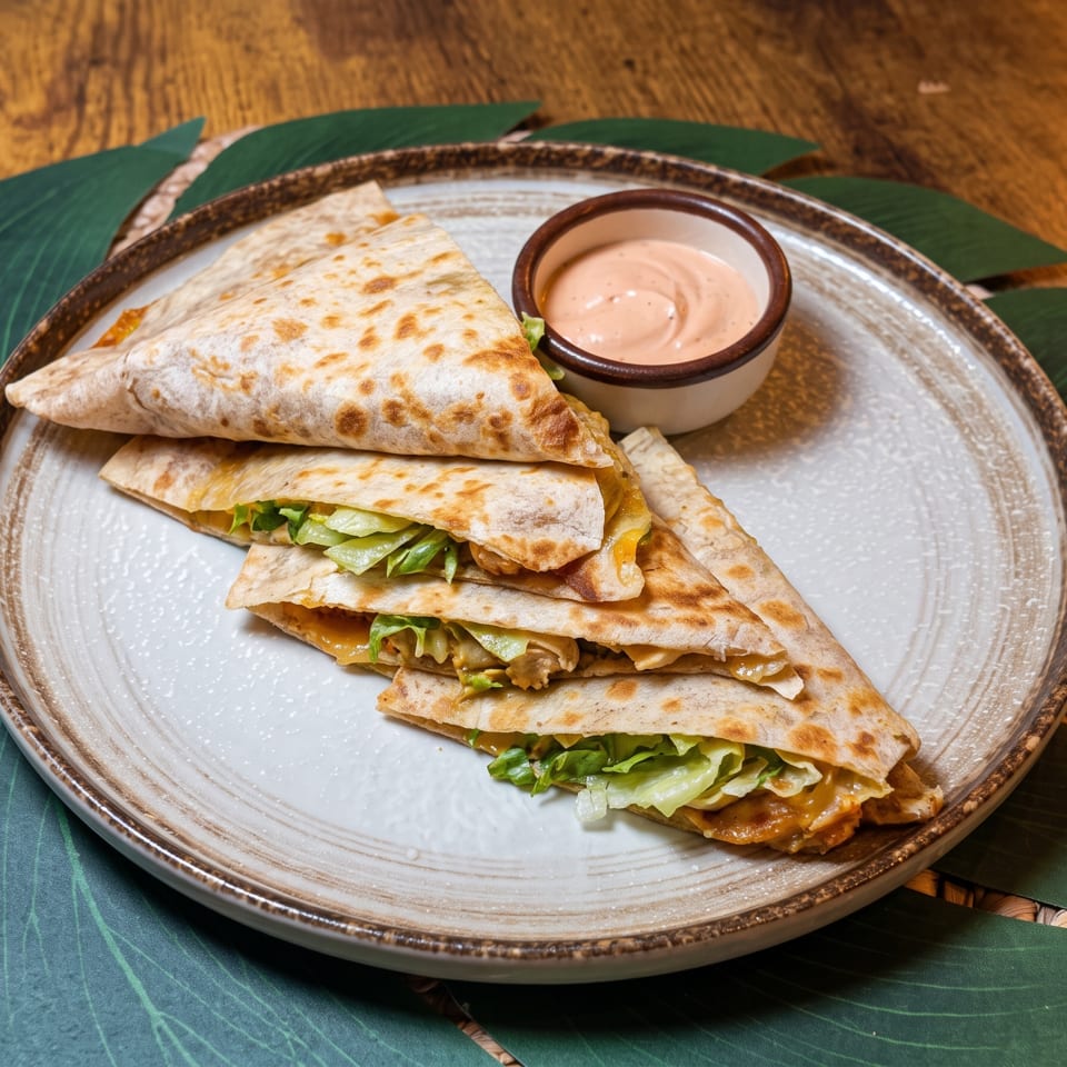 Stacked toasted quesadillas filled with lettuce and savory filling, served with pink dipping sauce on a ceramic plate.
