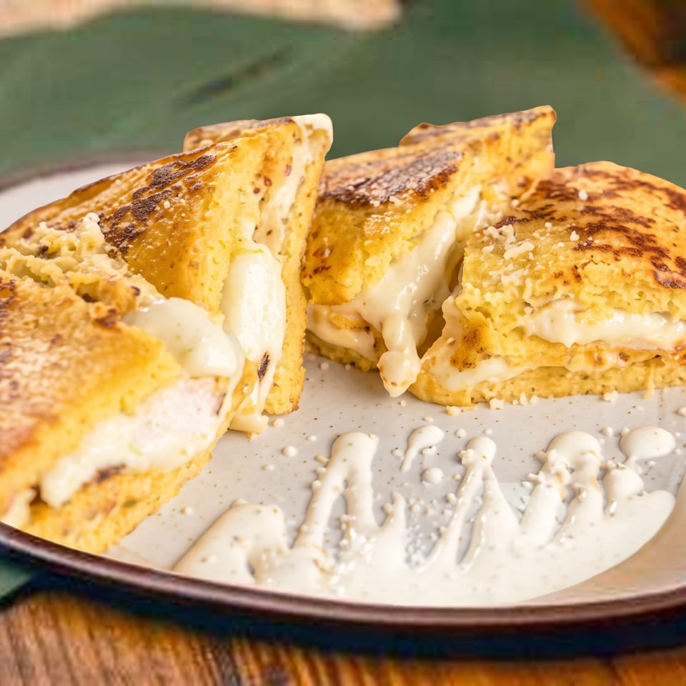 Grilled golden flatbread sandwiches filled with creamy cheese, arranged on a plate with white sauce drizzled alongside.