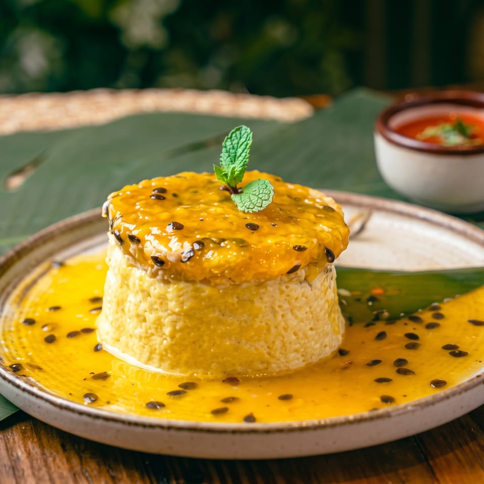 Golden passion fruit dessert topped with mint, served on a ceramic plate with passion fruit sauce and seeds.