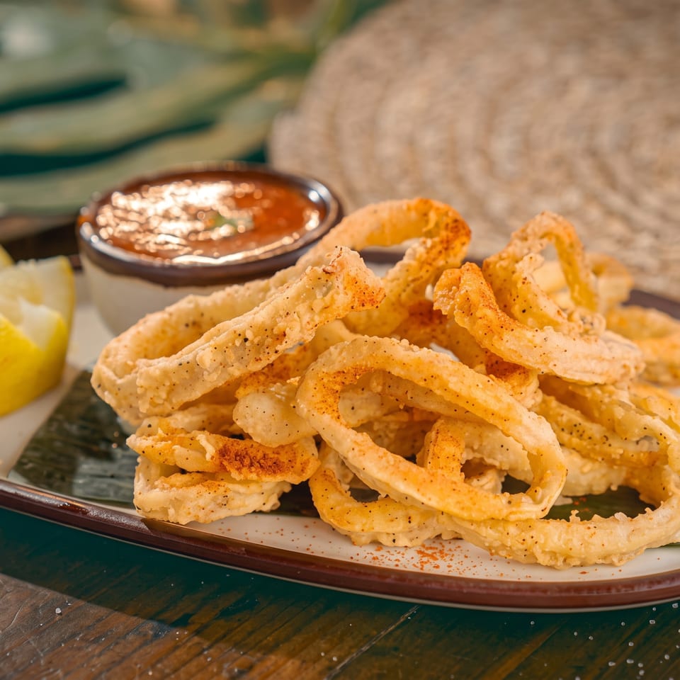 Crispy golden fried calamari rings served with lemon wedges and dipping sauce on a plate.