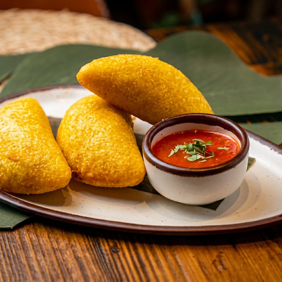 Three golden fried pastries served with red dipping sauce on a ceramic plate atop a rustic wooden table.