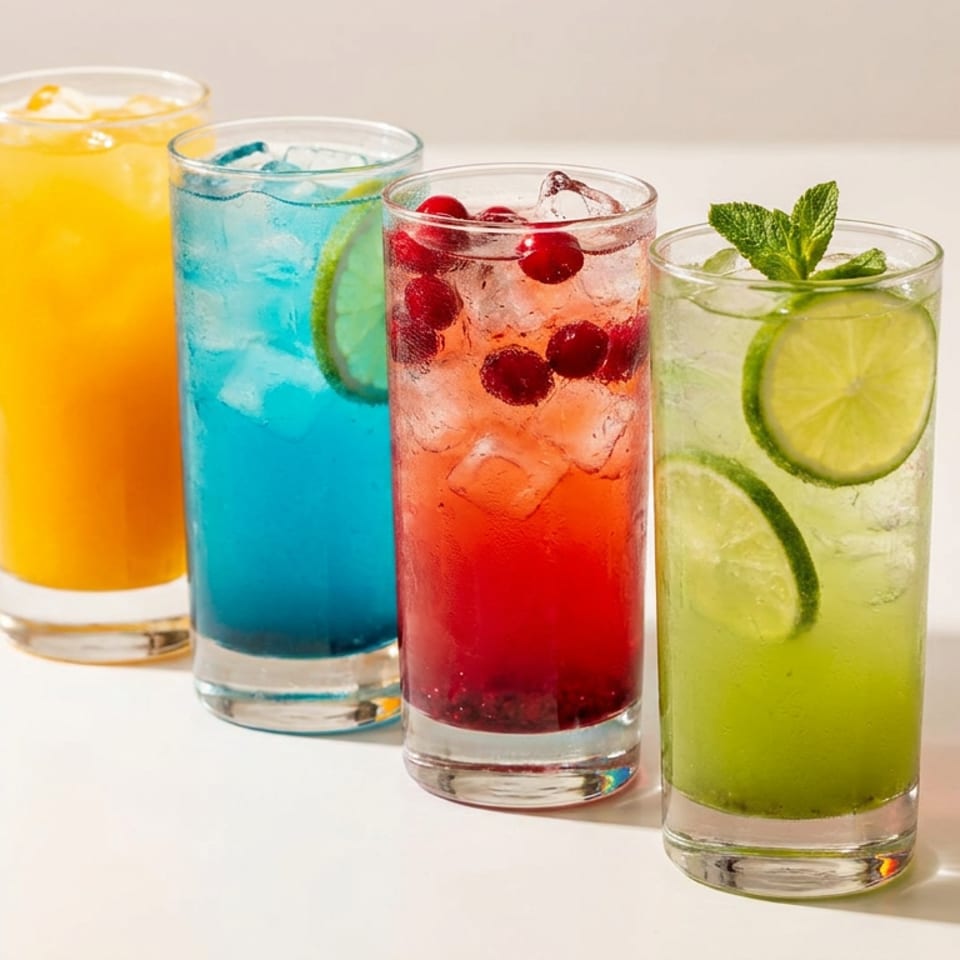 Four colorful iced drinks garnished with citrus, cherries, and mint arranged on a white surface.