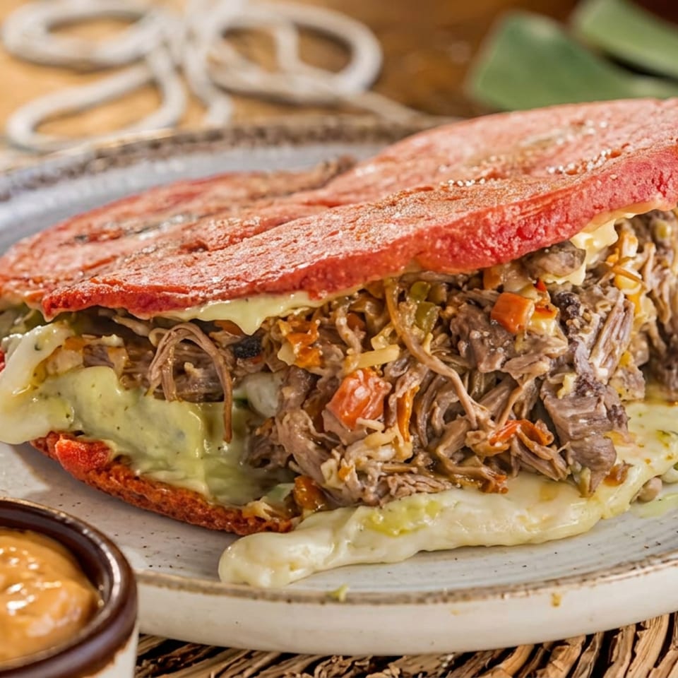 Red flatbread sandwich filled with shredded meat, vegetables, and melted cheese, served with dipping sauce on a ceramic plate.