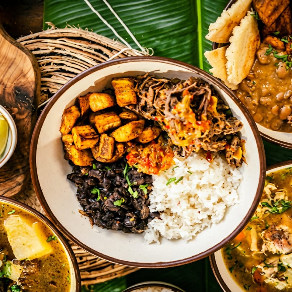 Overhead spread of Latin American dishes with rice, beans, fried plantains, avocado, eggs, stew, and lime wedges on banana leaves.