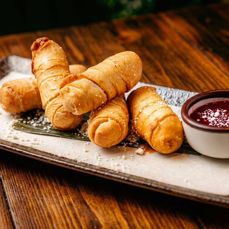 Golden rolled pastries dusted with sugar sit on a rectangular plate beside a bowl of berry dipping sauce.