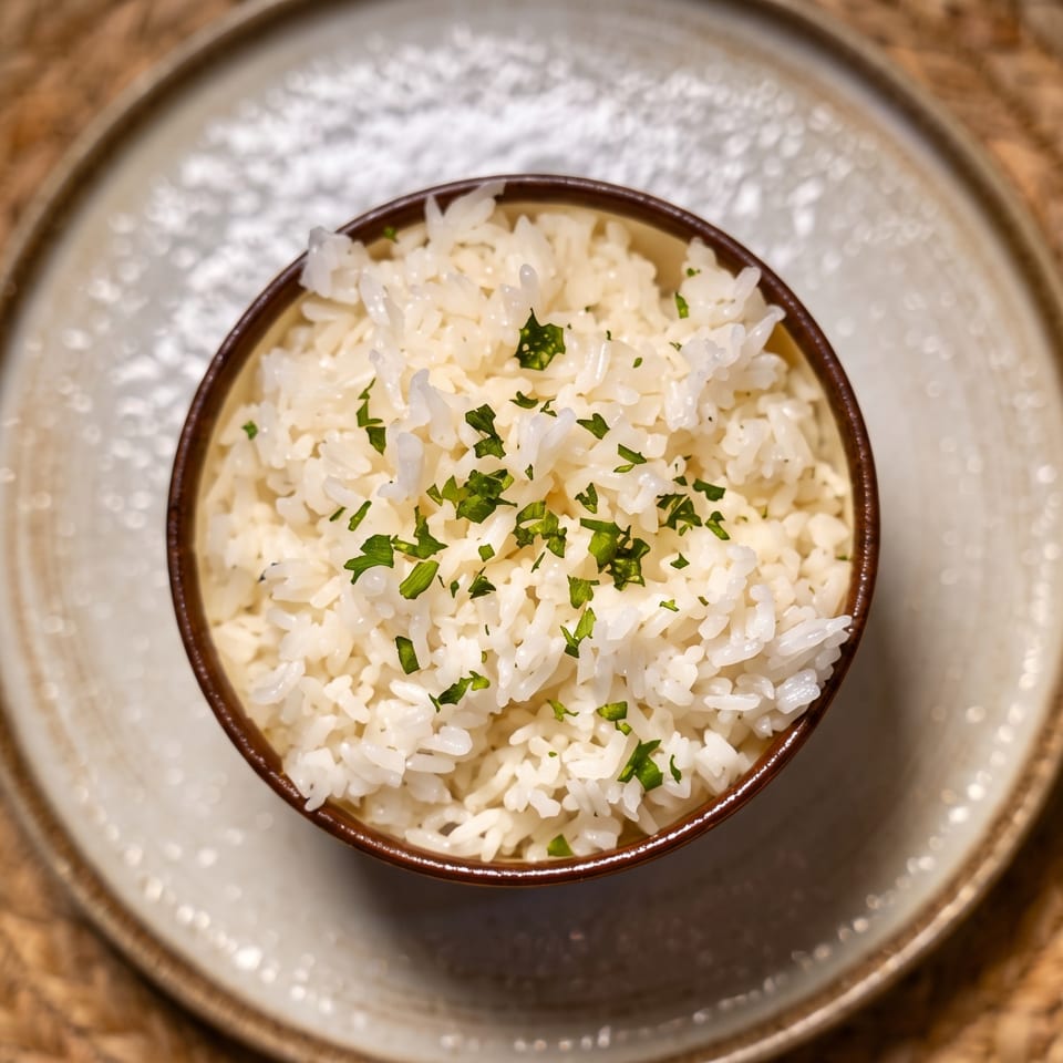 Bowl of white rice garnished with chopped green herbs on a ceramic plate atop a wooden table.
