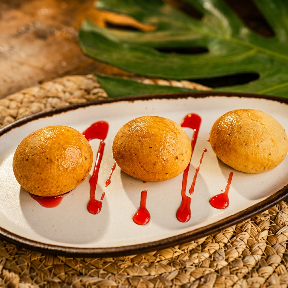 Three golden fried balls arranged on an oval ceramic plate with red sauce drizzled across, set on a woven placemat.