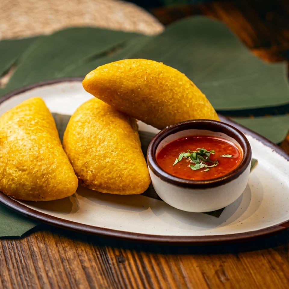 Three golden fried pastries served with a bowl of red dipping sauce on a ceramic plate atop a tropical leaf and wooden table.