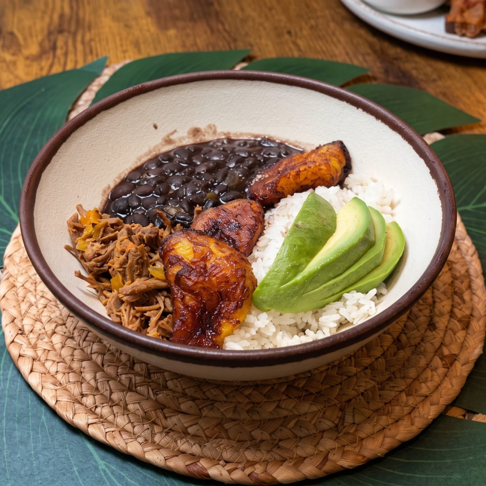 Bowl of white rice, black beans, grilled plantains, shredded vegetables, and sliced avocado on a woven placemat.